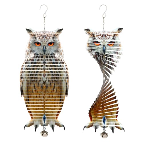 Zzbakress 2-in-1 Metal Wind Spinners with Double Sided Owl Picture Bird Reflector for Window, Outdoor Patio, Garden, Farm (1, 12x5.6 in)