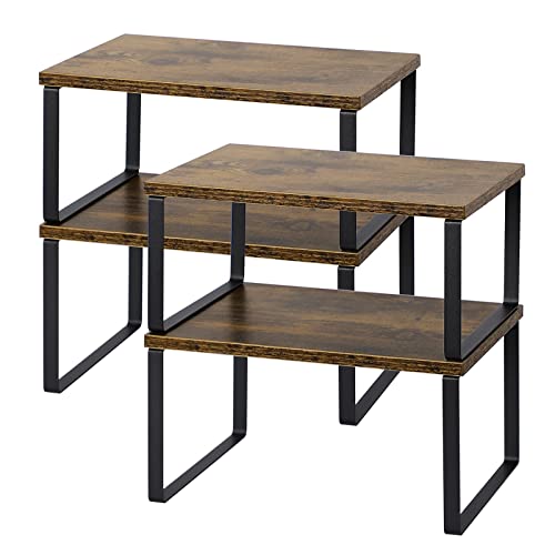 NEX Kitchen Cabinet and Counter Shelf Organizer, Shelf Riser for Pantry Countertop Cupboard Desk Top, Stackable & Expandable, Set of 4, Black and Rustic Brown