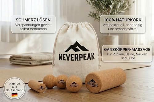 NEVERPEAK Faszienrollen-Set aus Kork – 4-teilig mit Duoball, Faszienrolle, Massageball & Fußrolle – natürlich, antibakteriell & tragbar – ideal für Triggerpunktmassage & Muskelregeneration