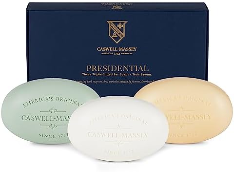 Caswell-Massey Triple Milled Heritage Presidential Three-Soap Set, Natural Bar Soap for Men, Moisturizing Men’s Luxury Body & Face Soap, 164g Soap Bars (3 Soap Set)