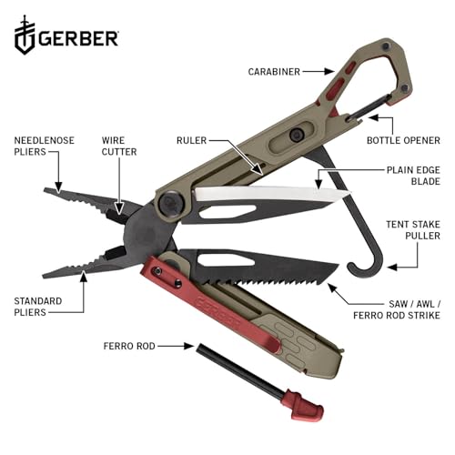 Gerber Multi-Tool mit 10 Funktionen, Stakeout Spark, Camping-Tool mit Frame-Lock Verriegelung, Zange, Feuerstarter, Karabiner u.v.m., Coyote Brown, 1070226 – Bild 4