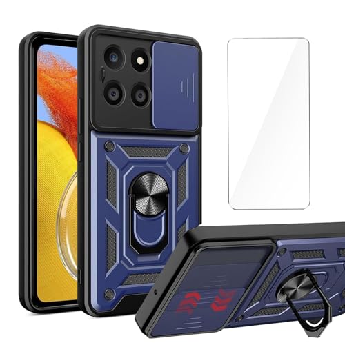 Cover per Motorola Edge 50 Neo 6.4 + 1 x Pellicola Protettiva in Vetro Temperato - Custodia antiurto con Staffa Ruotabile a 360° Doppio strato PC + Case tpu blu
