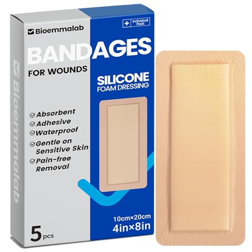 Image of Large Waterproof Bandages 4x8 Silicone Foam Dressing Sensitive Skin, 5 PCS