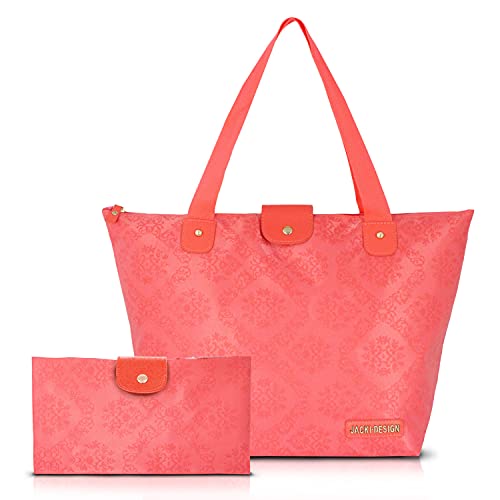 BOLSA SHOPPER COM ALÇA GRANDE DOBRÁVEL COMPACTA ESTAMPA DAMASCO JACKI DESIGN SALMÃO