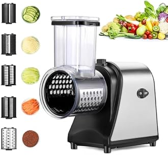 Electric Cheese Grater, 250W Electric Slicer Shredder, One-Touch Control Electric Salad Machine for Cheese, Fruits, Vegetables, Salad Maker with 5 Different Shapes of Blades, 2026 Upgrade