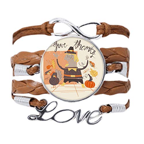 Bracelet en cuir noir et corde tordue avec motif de Thanksgiving et lettrage Love