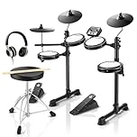 Donner DED-80 Electric Drum Kit, Electronic Drum Sets for Beginner with 4 Quiet Mesh Drum Pads, 2 Switch Pedal, 180+ Sounds, Throne, On-Ear Headphones, Sticks, and Melodics Lessons Included Black