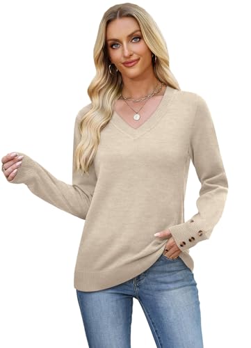 Image of WIHOLL Lightweight Sweaters for Women Long Sleeve V Neck Knit Outfits with Decorative Buttons