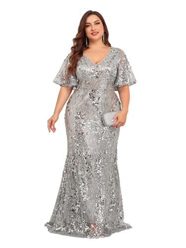 Plus Size Glamous Short Sleeves Womens Sequin Dress Formal Gowns Evening Glitter Mermaid Prom Dress Silver Grey 0XL