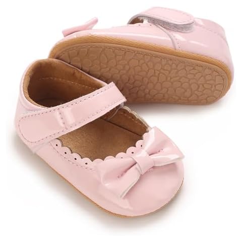 Clowora Infant Toddler Baby Girl Dress Shoes Mary Jane First Walking PU Leather Princess Wedding Rubber Sole Non-Slip with Bowknot Floral Flats (05 Pink,12-18 Months) Cover
