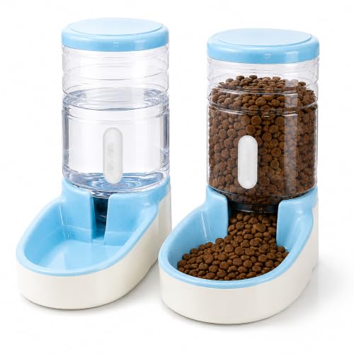 Image of PetVogue Twin Deluxe Plastic Pet Bowl, Food Feeder & Water Feeder, Feeding Stations, Dispenses Dog Food or Cat Food for Dogs Cats & Pets (Blue)