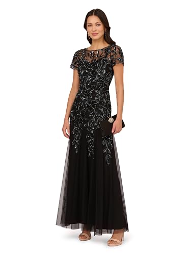 Image of Adrianna Papell Women's Beaded Gown with Godets - Floor Length Gown with Floral Embellishments & Cap Sleeves