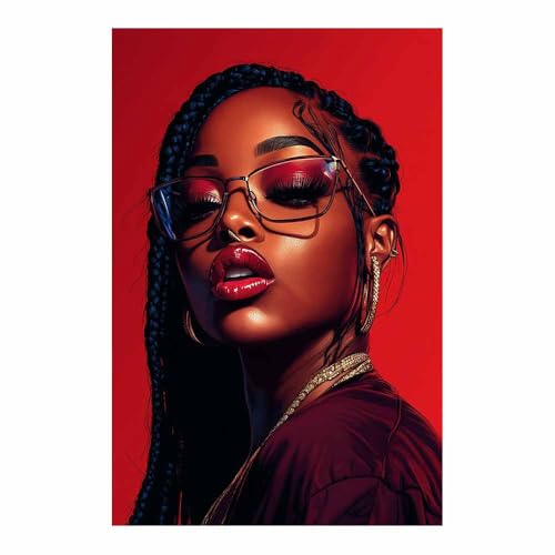 Tableau decoration murale salon femme africaine rouge moderne 50x70