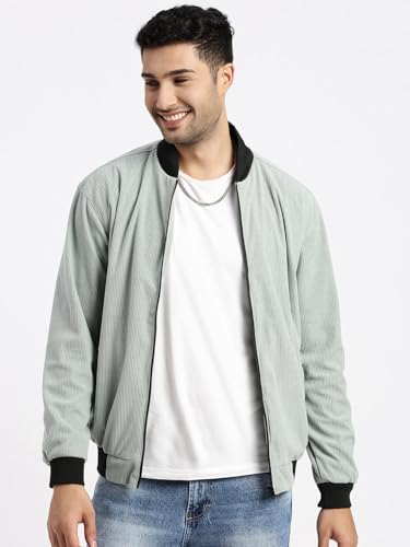 Image of SHOWOFFFF Men Solid Bomber Jacket | Mandarin Collar Full Sleeves Corduroy Jacket for Mens | Slim Fit Regular Length Jacket for Men's