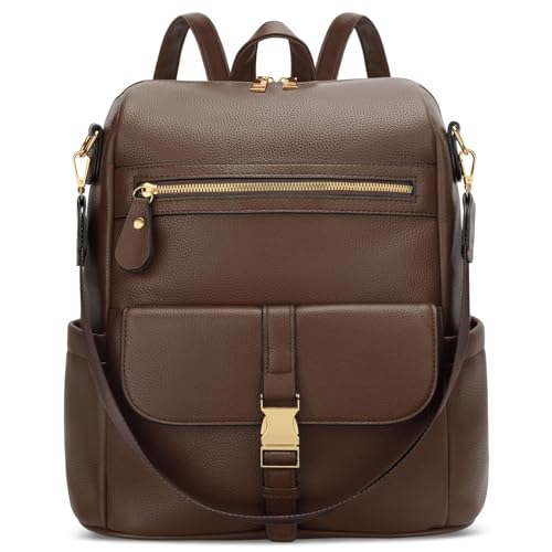 Image of KKXIU Backpack Purse for Women - PU Leather Ladies Backpack for Daily with Anti-Theft Lock Pocket, Small Daypack with Luggage Strap & Water Bottle Pockets (Coffee)
