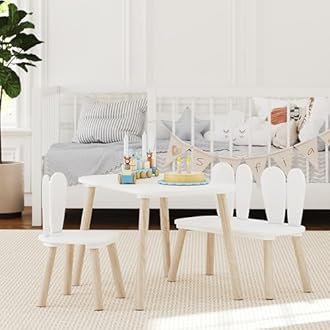 UTEX Kids Table and Chair Set, Toddler Table with Bunny Chair and Bench, 3 Pieces Wooden Children Table for Kids Room, Classroom, Nursery, White