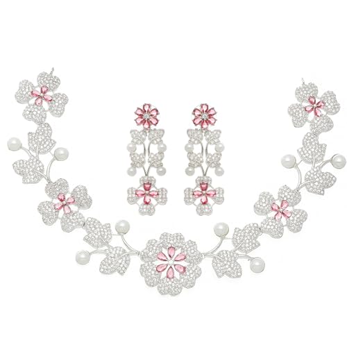 ZENEME Rhodium-Plated Cubic Zirconia Studded Floral Theme Necklace With Earrings Jewellery Set For Girls and Women