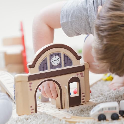 Image of PlanToys Wooden Train Station Pretend Play Set for Kids | Montessori Transportation and Travel Imagination Toy | Eco Friendly Wooden Train Station Playset for Creative Role Play