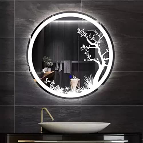 Image of LED Mirror Glass Bathroom Wall - Decorative Led Mirror with Touch Sensor Lights Cabinet Vanity Wall Design Darpan Full Length for Home (21x21 Inch Round DH5), Transparent