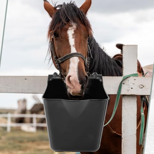 Image of Marsui 8 Pcs 15 Quart Horse Feeders for Stall Hook Over Hanging Fence Hay Feeder Mountable Livestock Plastic Feed Bucket for Farm Stalls Pasture, Stable to Feed Horses Sheep Cattle Cows Etc (Black)