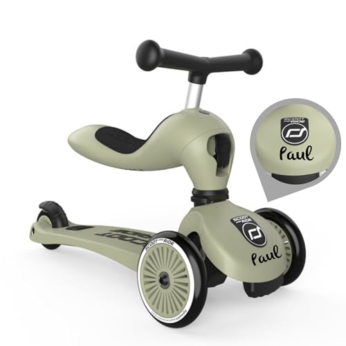 Scoot and Ride Highwaykick 1 Oliva – 2 en 1 con Asiento & Altura Regulable – para niños 1–5 años – Personalizado con Nombre