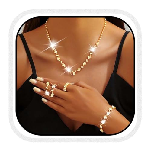 Reaky Bridal Jewelry Sets Rhinestone Necklace 4 Pcs Silver Earrin...