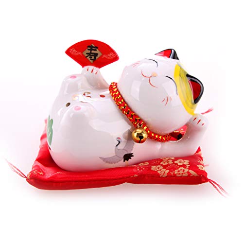 Goodwei Maneki Neko Spardose - Glückskatzenfigur aus Porzellan, liegend mit Fächer