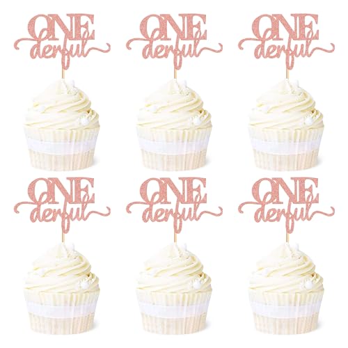 Ercadio 24 Pack Onederful Cupcake Toppers Rose Gold Glitter Onederful Cupcake Picks Onederful Cupcake Decorations for Baby Shower Kids first Birthday Theme Party Cake Decoration Supplies
