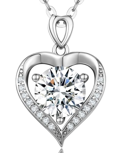Moissanite Heart Pendant Necklace for Women,1-2 Carat Necklace Engraved with 'I LOVE YOU,18K Gold Plated Sterling Silver Pendant Jewelry Anniversary Birthday Gifts for Girlfriend Wife Mom