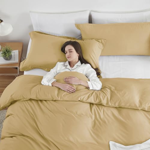 Image of Hearth & Harbor Camel Gold Duvet Cover Full Size, 3 Piece Bedding Set | Soft Double Brushed Bedding Set, Button Closure, 1 Duvet Cover 80x90 Inches, 2 Pillow Shams