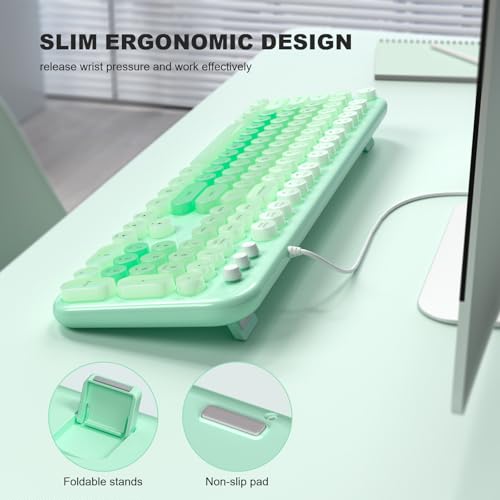 Image of MOFII Backlit Keyboard Wired, Retro Typewriter Keyboard with Illuminated LED, Cute Full Size Computer Keyboards Plug and Play for PC Laptop Desktop - Light Green