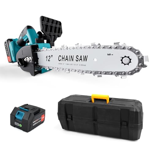 21 V 12' Cordless Chainsaw Battery Powered, 3000mAh Electric Chainsaw Auto-lubrication, Tool-less Chain Tension, Handheld Chainsaw Trees Wood Cutting