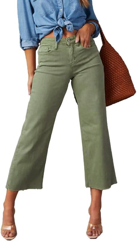 Allimy Women's High Waisted Straight Ankle Wide Leg Ripped Jeans Frayed Hem Stretchy Capri Denim Pants - Image 5