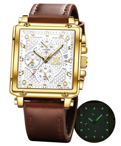 OLEVS Watches for Men Quartz Chronograph Leather Fashion Dress Watch Date Waterproof Luminous Casual Square Business Wrist Watches