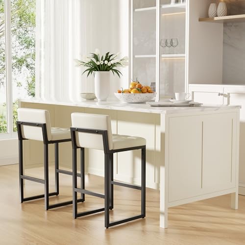 Image of 24 inch Bar Stools Set of 2, Modern Faux Leather Counter Height Bar Stools with Low Back and Footrest, Sturdy Thickened Metal Leg, Upholstered Kitchen Bar Chairs for Island, Beige