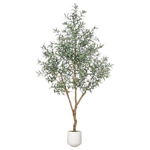7FT Olive Trees Artificial Indoor - Realistic Artificial Olive Tree Indoor with White Planter Large Full Fake Plants with Lifelike Fruits and Leaves for Modern Home Office Living Room Decor