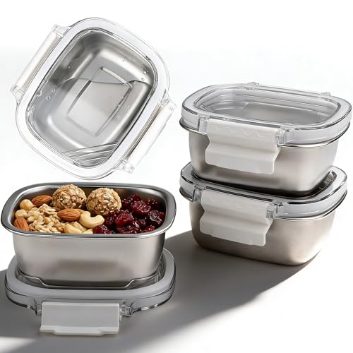 MAXTBEE 3 Pack Stainless Steel Reusable Snack Containers with Lids - 8.45 oz Small Metal Snack & Lunch Food Boxes, Shatterproof Leakproof Freezer Safe Meal Prep Containers for Portioning Snacks, Dips by MAXTBEE - Used condition - US$13.24