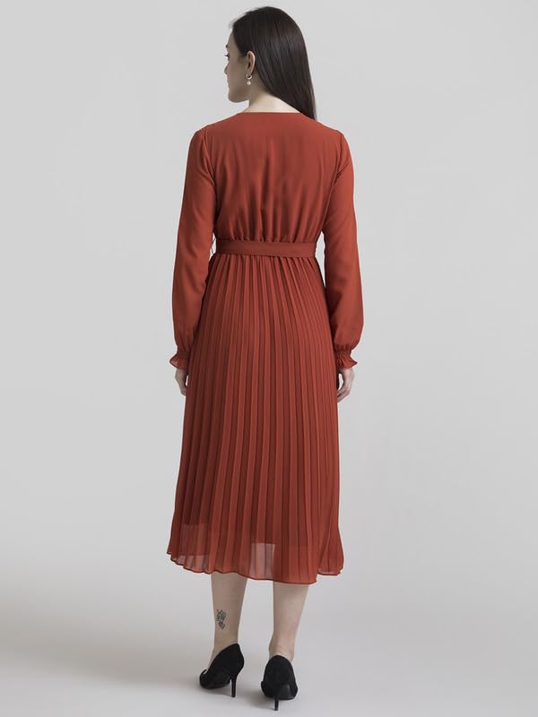 Image of FableStreet Women's Polyester Peter Pan Collar Pleated A Line Midi Dress |Women Formal Dress Smooth Fabric with Belted Waist & Front Slit for Office & Business Events
