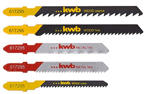 kwb 617295 Juego Combinado de 5 Piezas (Hojas de Sierra HSS y HCS) Gruesos, curvos en Madera y Cortes Finos en Metal con vástago en T S-20 / Mango de levadura