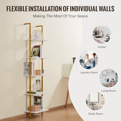 VEVOR Ladder Shelf, 5-Tier Bookshelf 15.6x11.8in, Open Wall-Mounted Ladder Shelf with Metal Frame,Storage Rack Sundries Holder for Kitchen Bedroom Bathroom Living Room, Gold White by VEVOR - Image 4