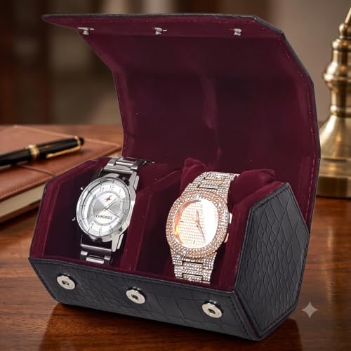 Image of essart Faux Leather Watch Roll Case, Black, 2 Slot