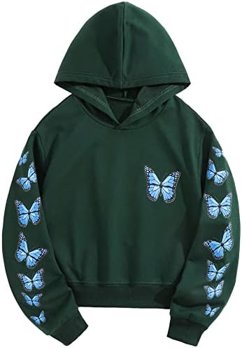 SHENHE Girl's Cute Butterfly Print Crop Hoodies Long Sleeve Pullover Sweatshirt Crop Top Dark Green 150
