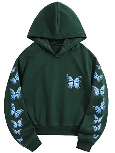 Shenhe Girl's Cute Butterfly Print Crop Hoodies Long Sleeve Pullover Sweatshirt Crop Top Dark Green 150 #TOP6
