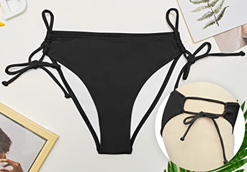 Bellecarrie Women\'s Tie Side Bikini Bottoms Low Rise String Bathing Suits Bottom, Black, S
