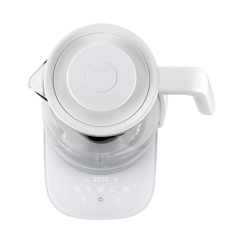 ZWILLING ENFINIGY Hervidor de vidrio con colador de té, Ajuste de temperatura y temporizador de té, 1850 W, 1,7 l, Blanco