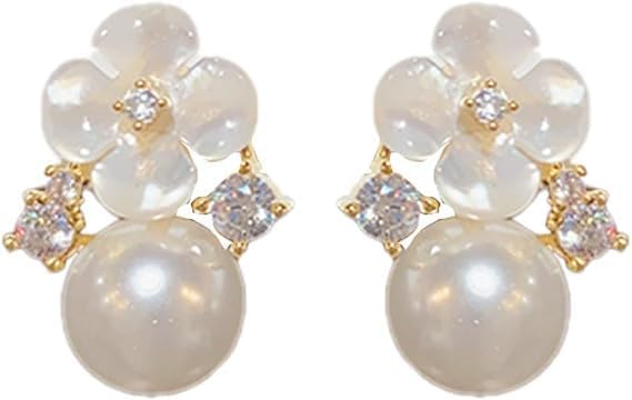 Elegant,Sparkling Crystal Studs & Lightweight Dangle, White Round Pearls,Hypoallergenic Lightweight Artificial Pear Earrings Jewelry Gifts