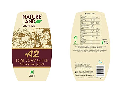 Natureland Organics A2 Cow Ghee 350Ml - 100% Organic Desi Cow Ghee