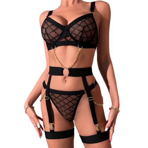 Ensemble lingerie porte-jarretelles sexy en maille anti-complexes