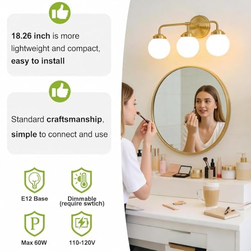 Image of Bathroom Light Fixtures 18.26in 3Light Brushed Gold Vanity Light for Mirror | Bathroom Lighting Fixtures over Mirror, ETL, Brushed Brass Wall Sconce, Dimmable E12 Base Max 60W, Milky Glass Ball Shades