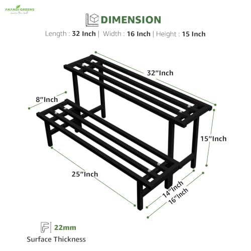 Image of Anandi Green's Black Heavy Duty 2 Tier Metal Plant Stand for Grow Bags Planters and Pots Rust Resistant Plant Pot Holder Rack for Outdoor Balcony Indoor Living Room and Garden Supports Up to 100 kg